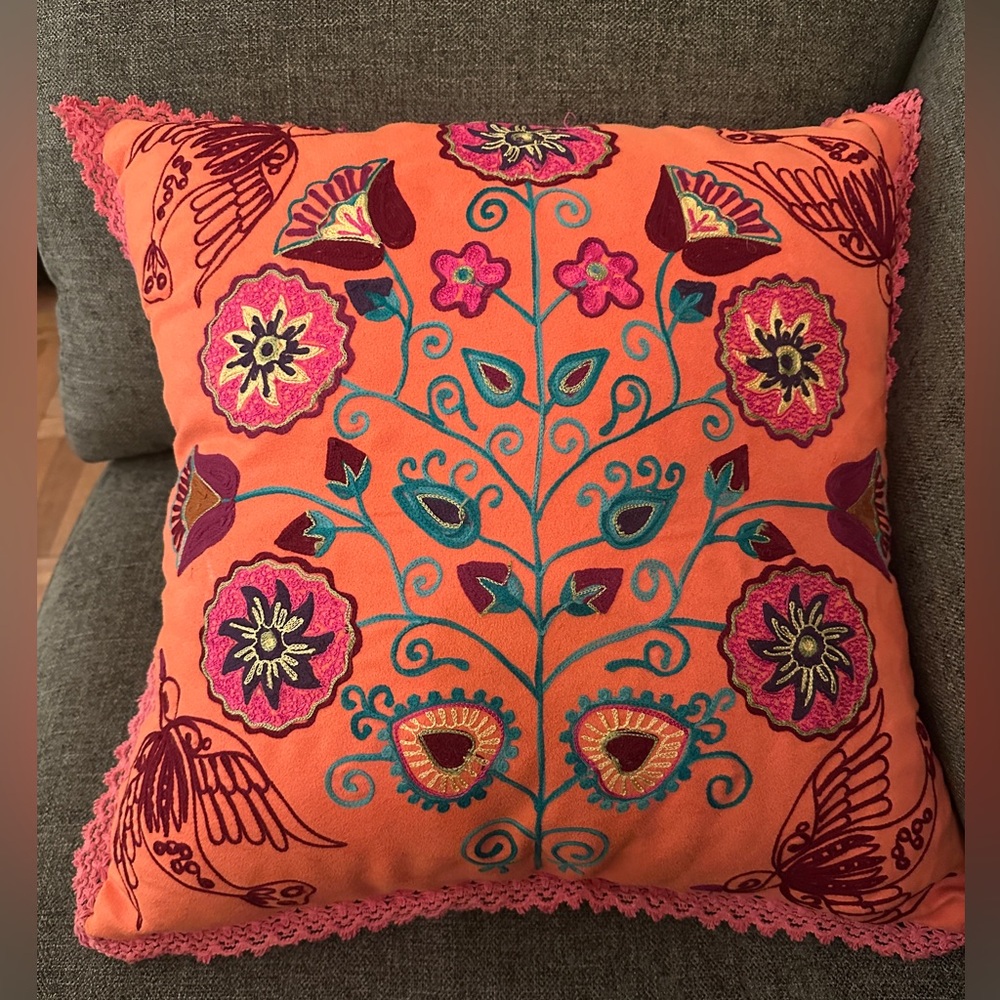 Karma Living Embroidered Orange and Pink Floral Throw Pillow